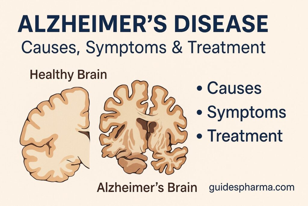 Comparison of a healthy brain and an Alzheimer's-affected brain, highlighting causes, symptoms, and treatment of Alzheimer's disease.