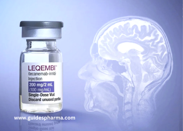 Leqembi (lecanemab) injection vial for Alzheimer's disease treatment with brain illustration in background – FDA-approved therapy