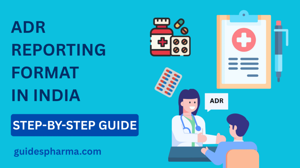 ADR reporting format in India – illustration showing doctor, patient, medicines, and CDSCO form; step-by-step guide for pharmacy students