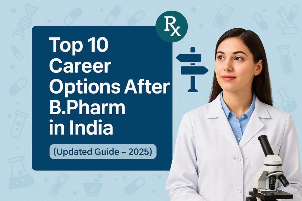 Female pharmacist with microscope and "Top 10 Career Options After B.Pharm in India - 2025" tittle on a blue background with pharmacy icons